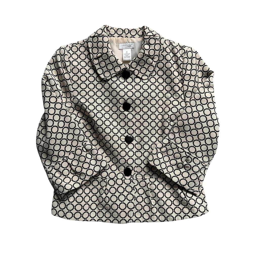 Kim Rogers Signature Cream Black Print Blazer Size Medium Button Front Jacket